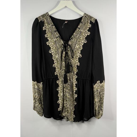 Free People Wildest Moments Peplum Tunic Top Sz M Boho Hippie Lace Up Black - Picture 2 of 12